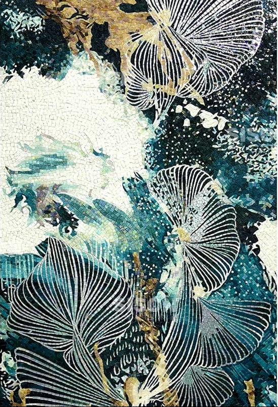 Contemporary Botanical Abstract Glass Mosaic Panel with Elegant Linear Texture