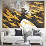 Abstract Glass Mosaic Wall Art with Golden Birds and Dynamic Migration Movement