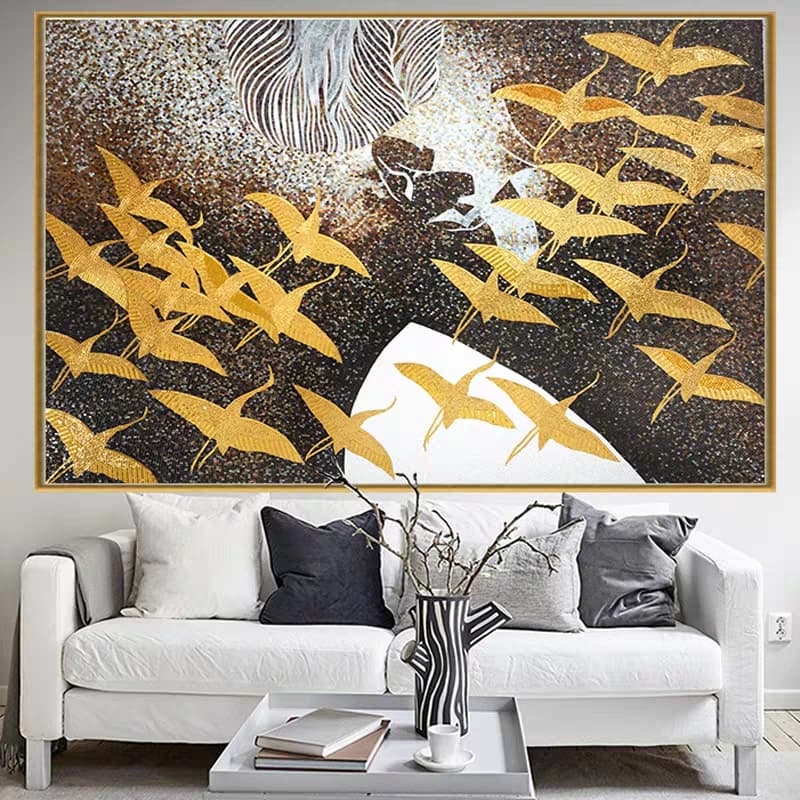 Abstract Glass Mosaic Wall Art with Golden Birds and Dynamic Migration Movement