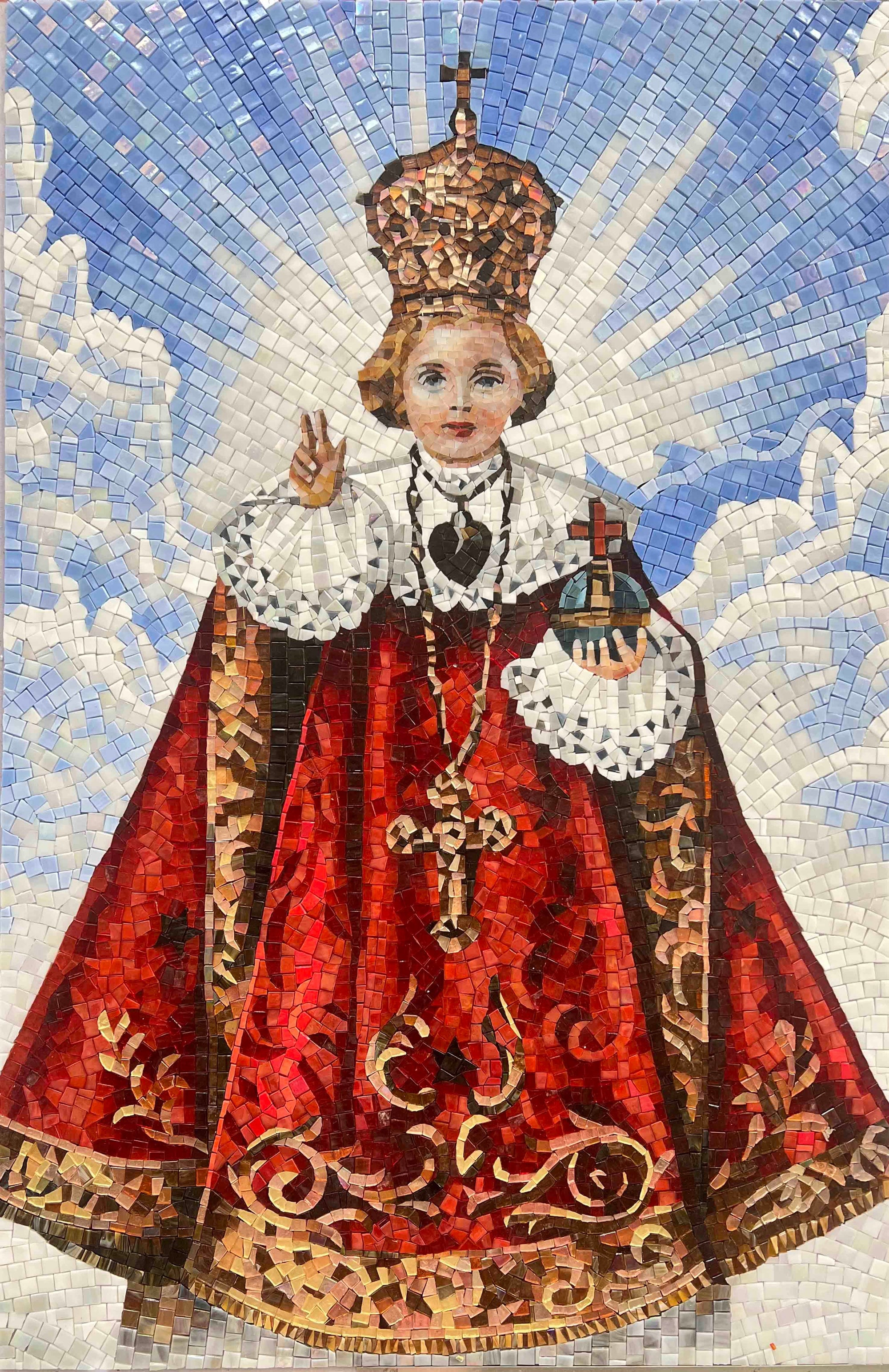 Sacred Human Figure Glass Mosaic Artwork with Regal Costume for Church Interior Decoration