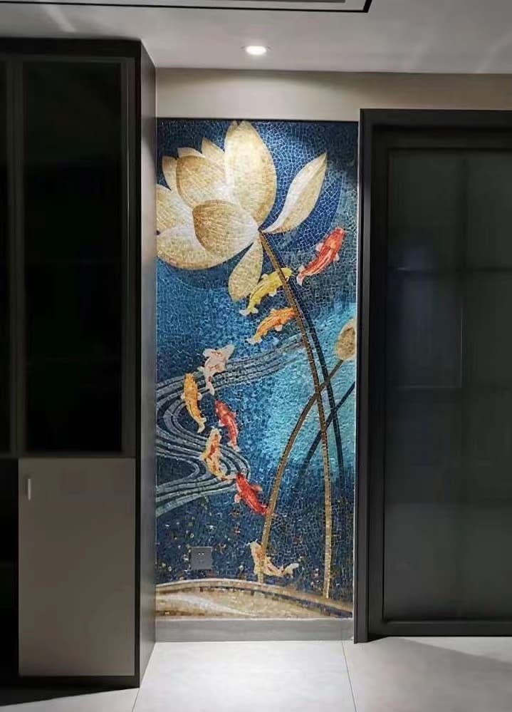 Nature-Inspired Abstract Glass Mosaic Wall Art Featuring Lotus and Flowing Fish