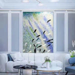 Light Motion Abstract Glass Mosaic Artwork with Floating Birds and Soft Color Flow