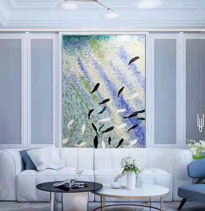 Light Motion Abstract Glass Mosaic Artwork with Floating Birds and Soft Color Flow