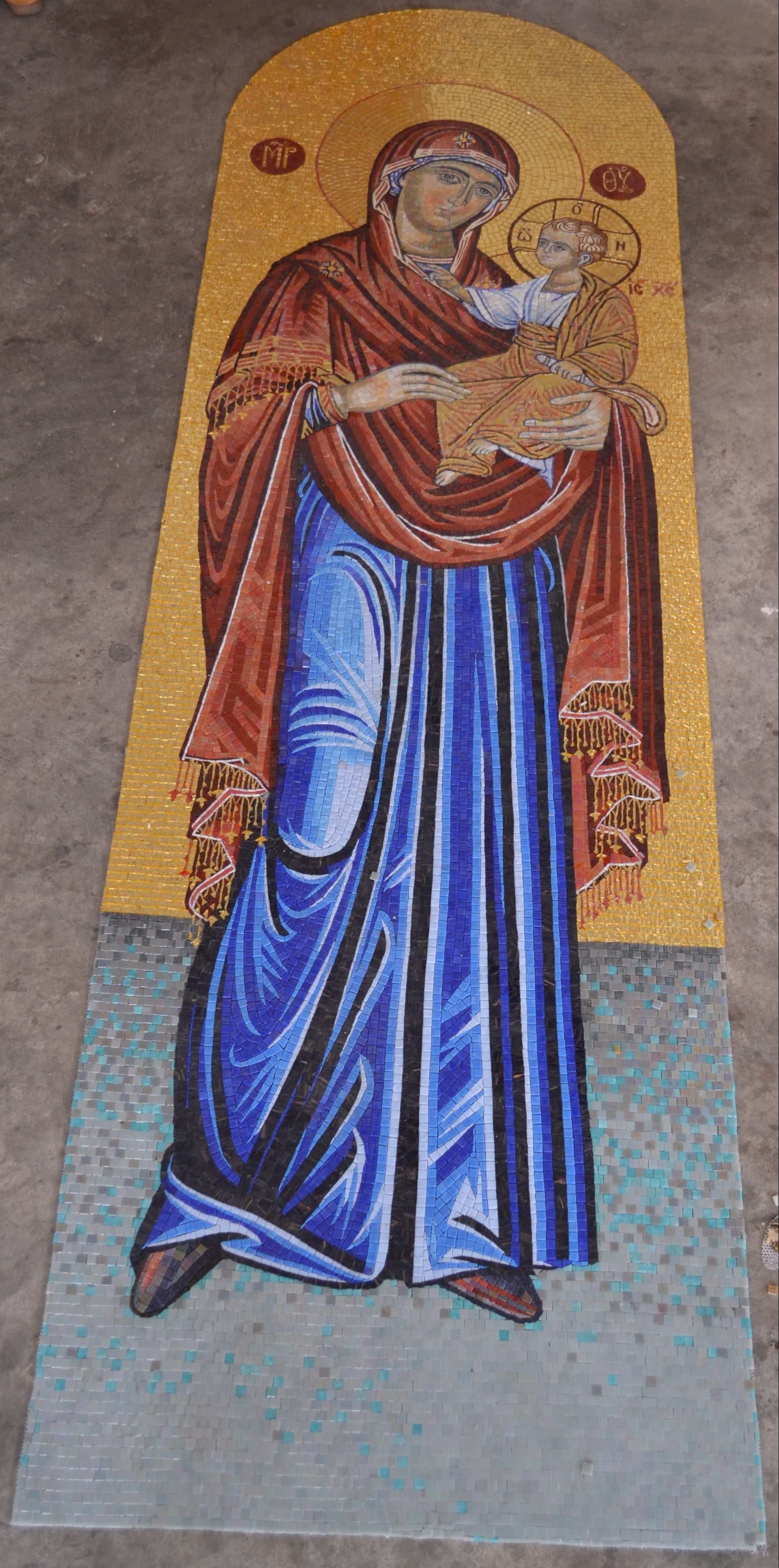 Full-Length Virgin Mary with Child Glass Mosaic – Byzantine Church Wall Art