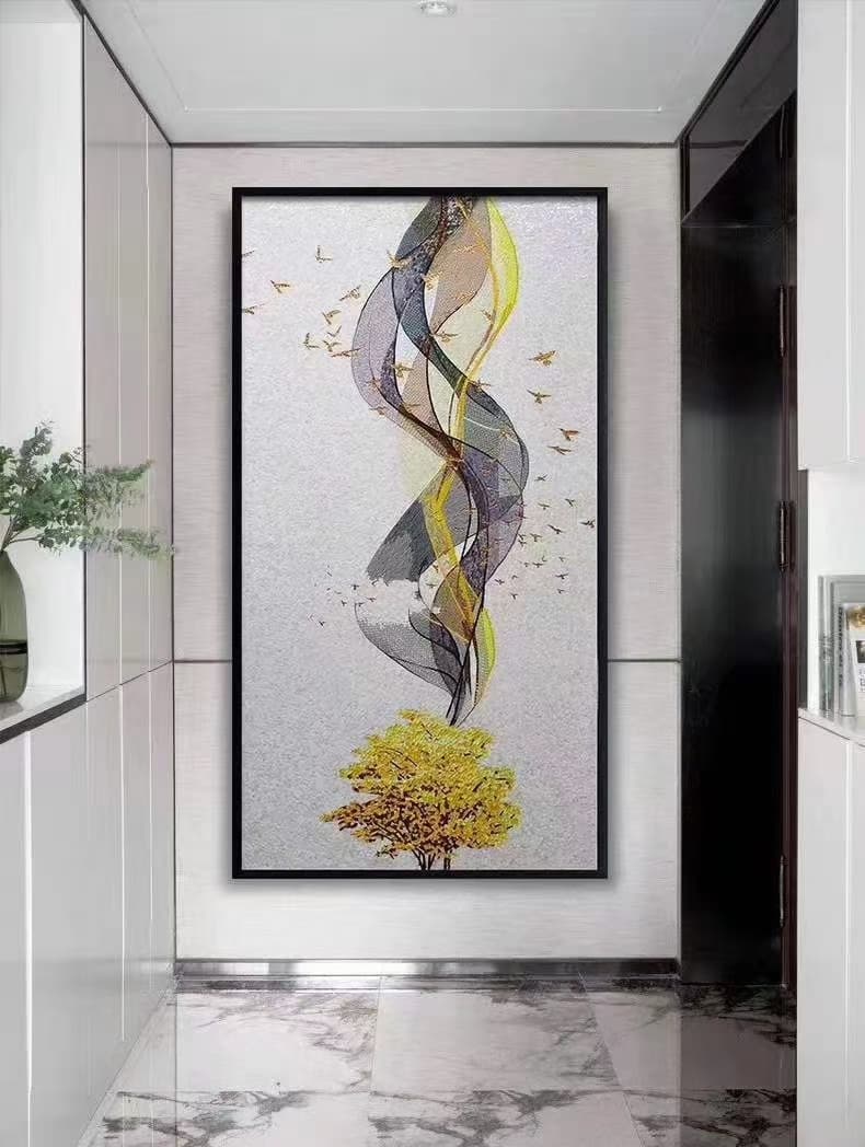 Vertical Flow Abstract Glass Mosaic Artwork with Elegant Floating Form Composition