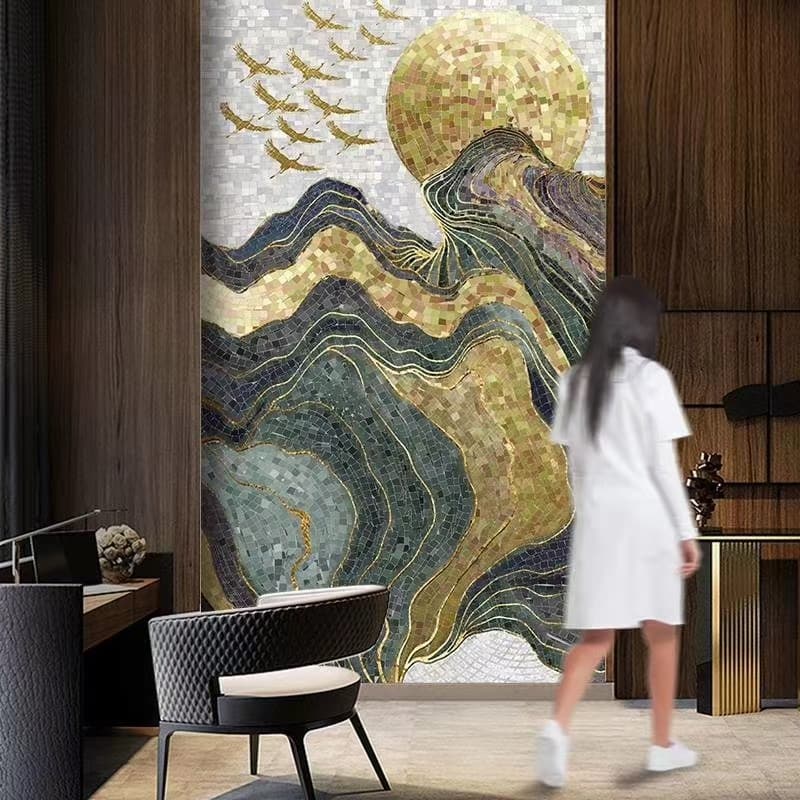 Golden Horizon Abstract Glass Mosaic Artwork with Flowing Landscape-Inspired Design