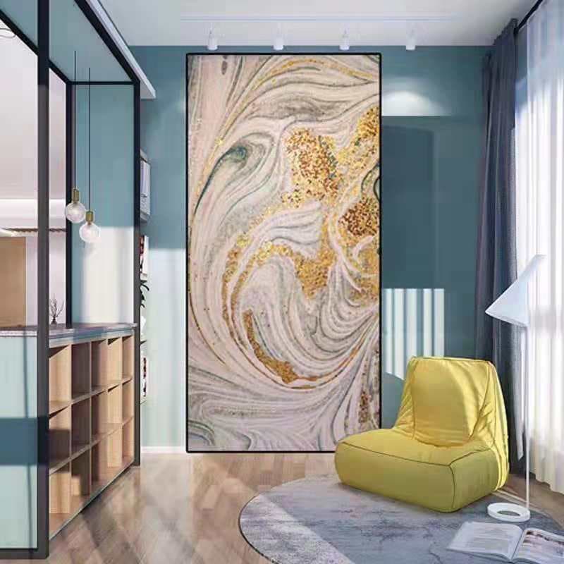 Elegant Fluid Abstract Glass Mosaic Artwork with Marble-Inspired Gold Vein Patterns