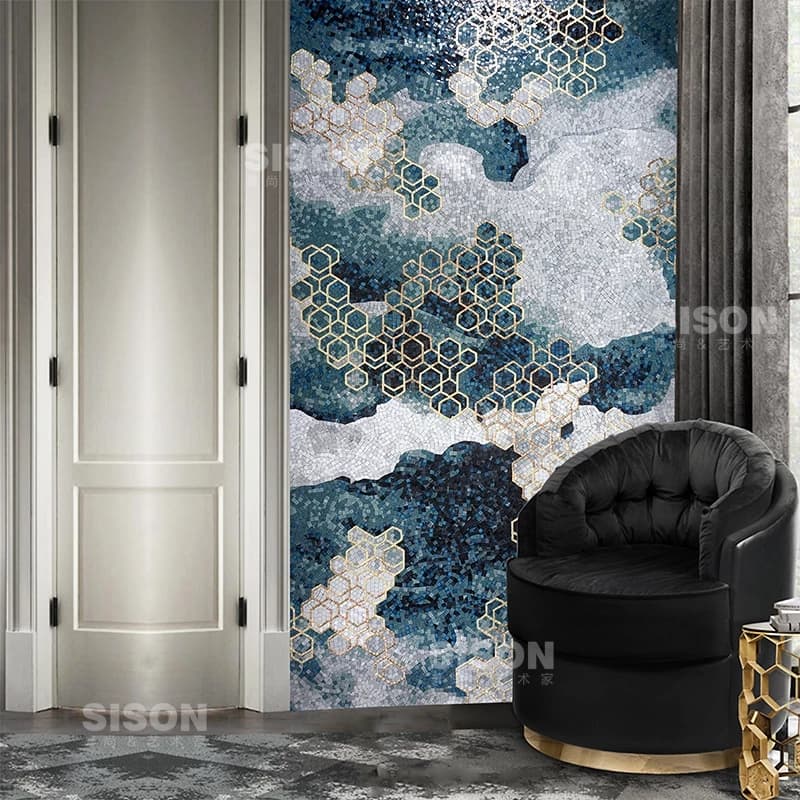 Contemporary Patterned Abstract Glass Mosaic Artwork with Layered Geometric Design