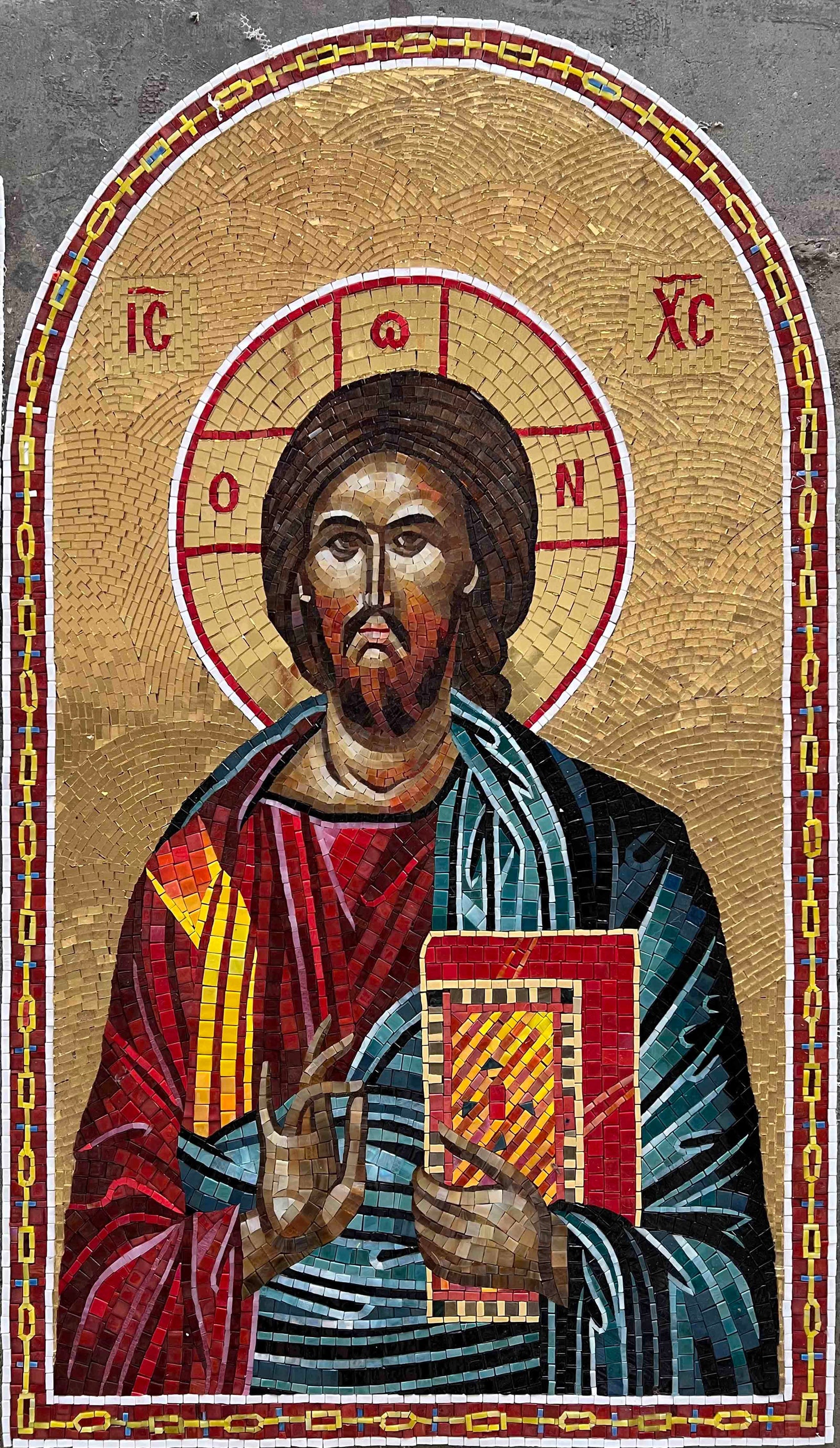 Jesus Christ Pantocrator Stone Mosaic Icon – Byzantine Orthodox Church Wall Art