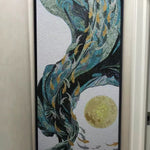 Oriental-Inspired Abstract Glass Mosaic Wall Art with Flowing Fish and Golden Moon