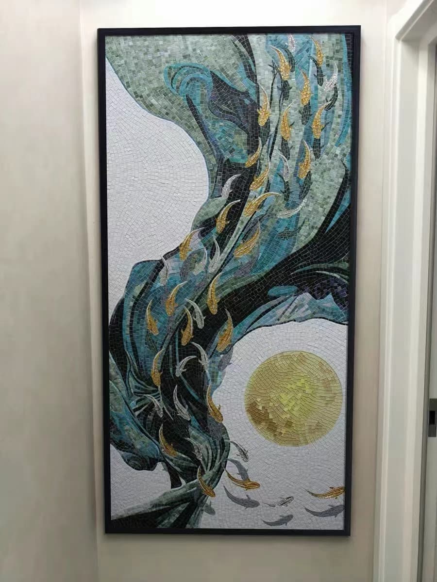 Oriental-Inspired Abstract Glass Mosaic Wall Art with Flowing Fish and Golden Moon