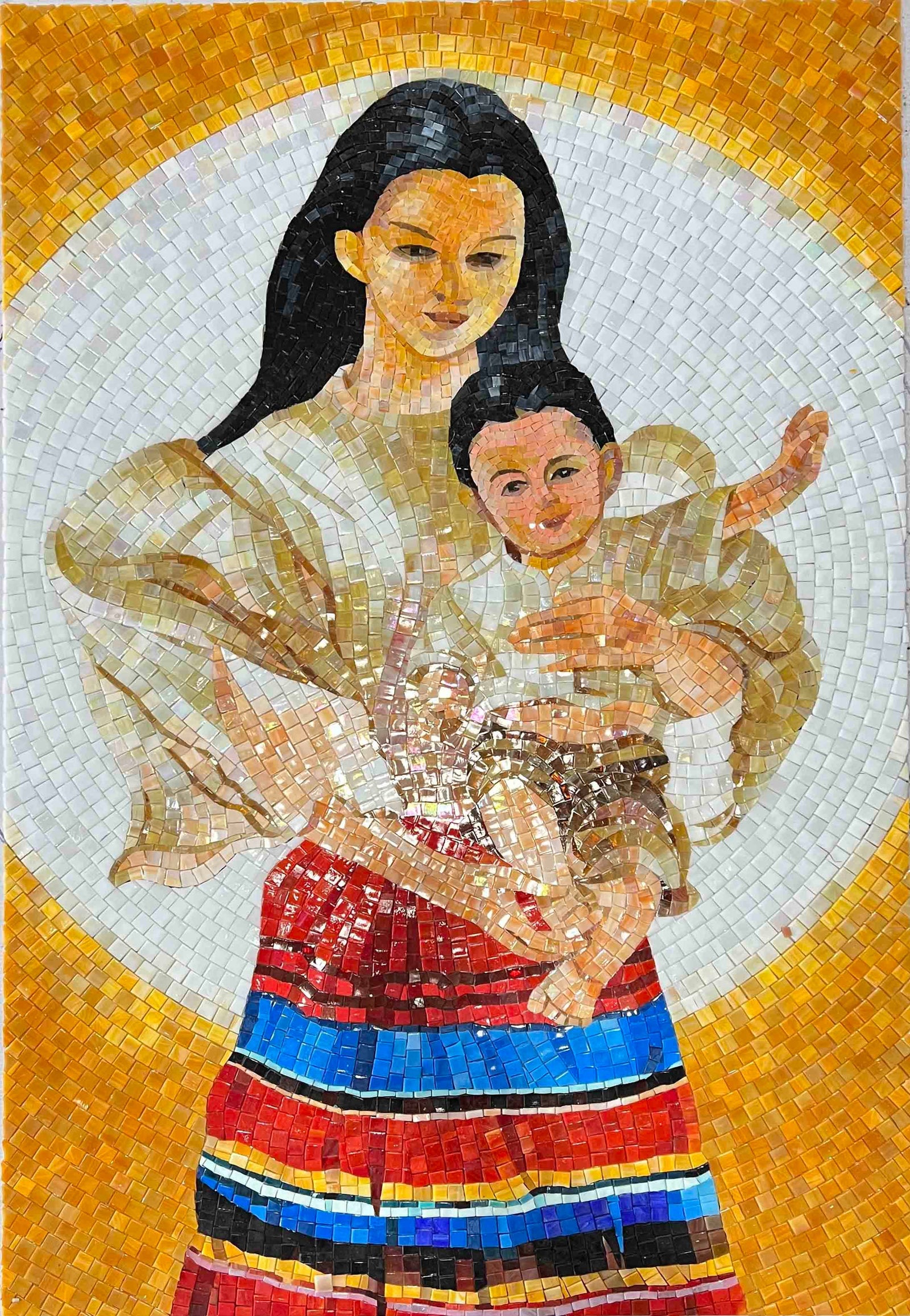 Virgin Mary with Child Glass Mosaic Artwork – Modern Christian Religious Wall Art