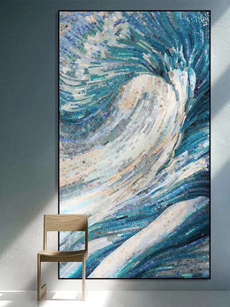 Dynamic Abstract Glass Mosaic Wall Art Inspired by Flowing Wave Energy