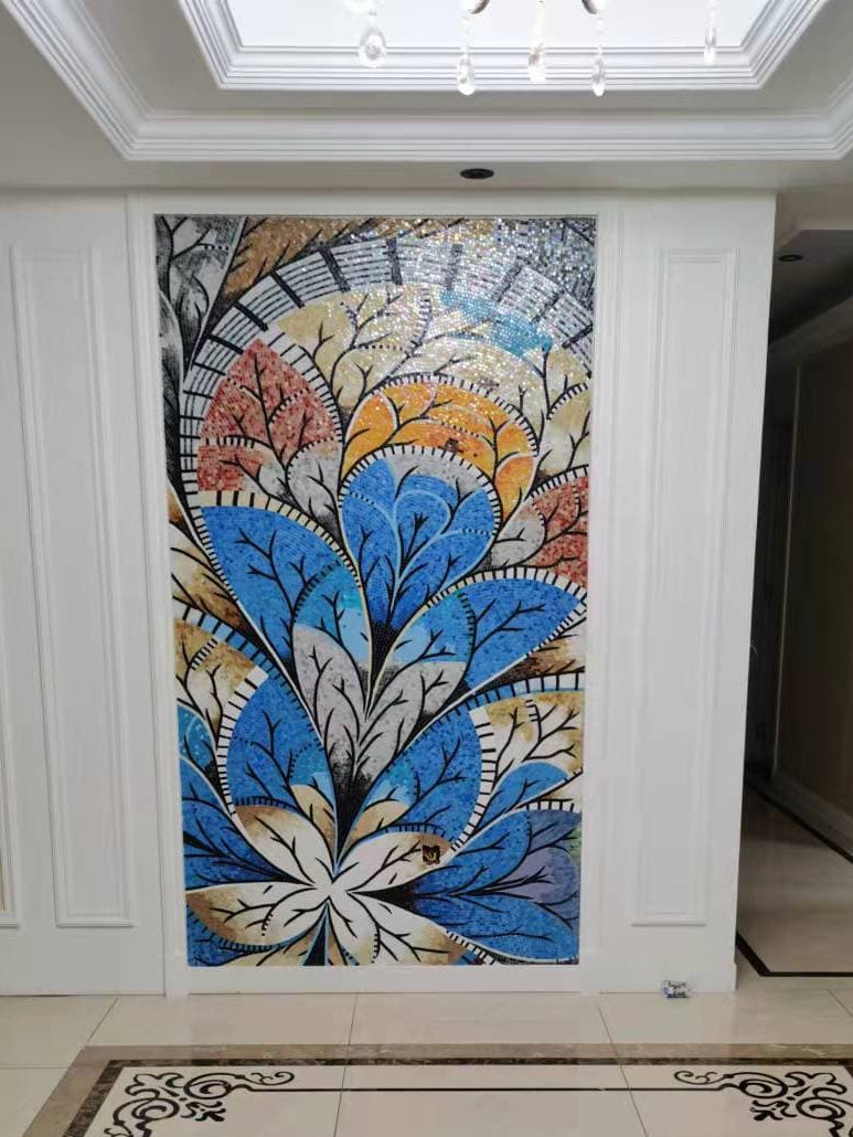 Symmetrical Botanical Abstract Glass Mosaic Wall Art with Layered Leaf Composition