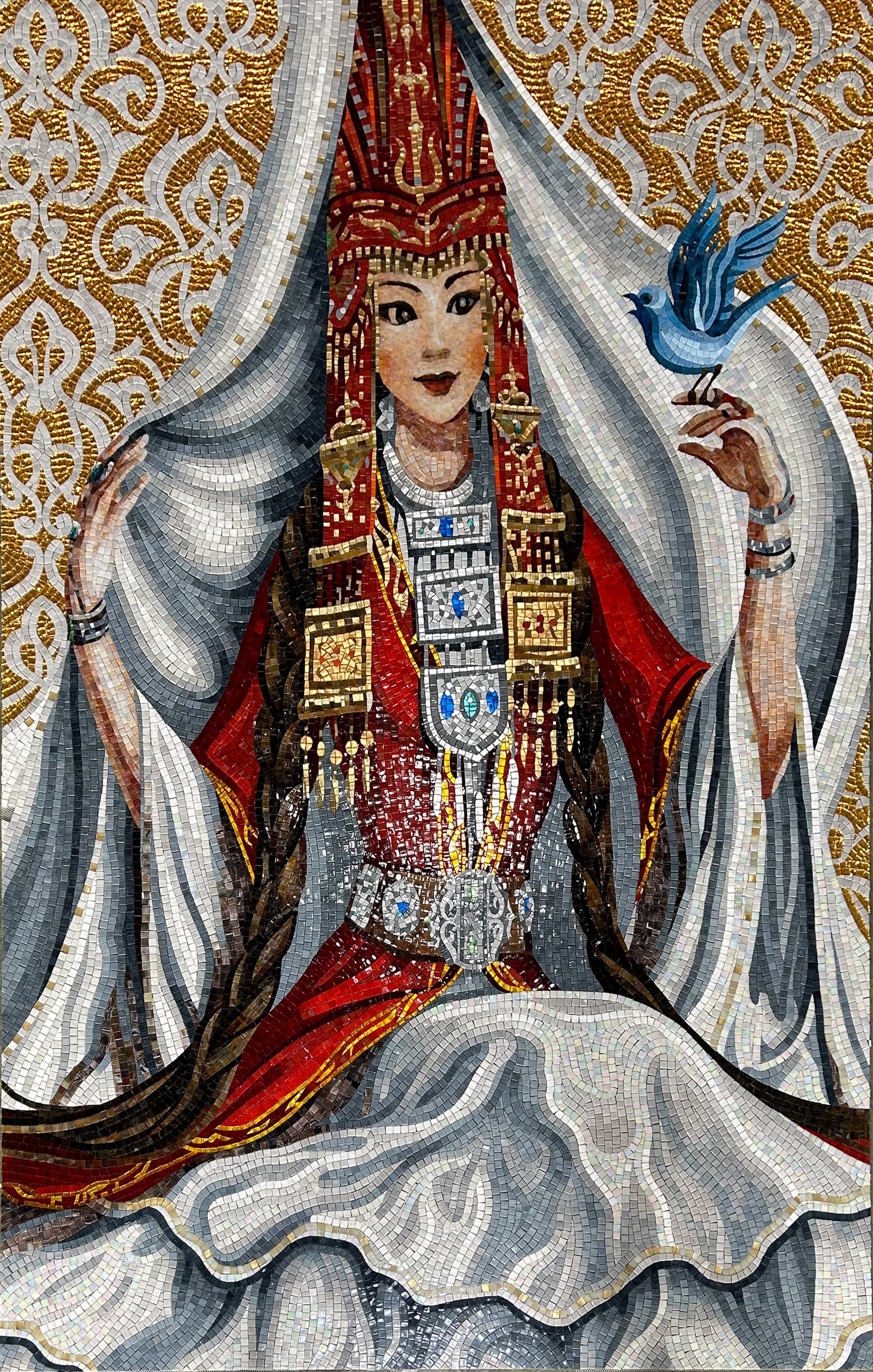Cultural Royal Female Portrait Human Figure Glass Mosaic Artwork with Ethnic Decorative Style