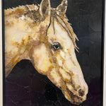 White Horse Stone Mosaic Art – Custom Animal Mosaic Tile on Black Background for Wall Decoration