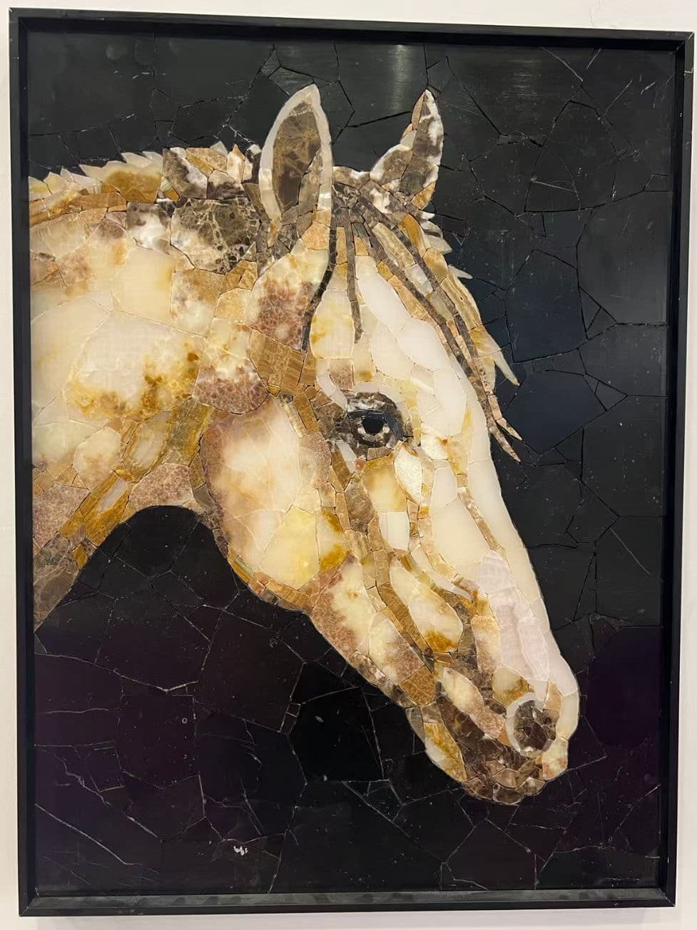 White Horse Stone Mosaic Art – Custom Animal Mosaic Tile on Black Background for Wall Decoration