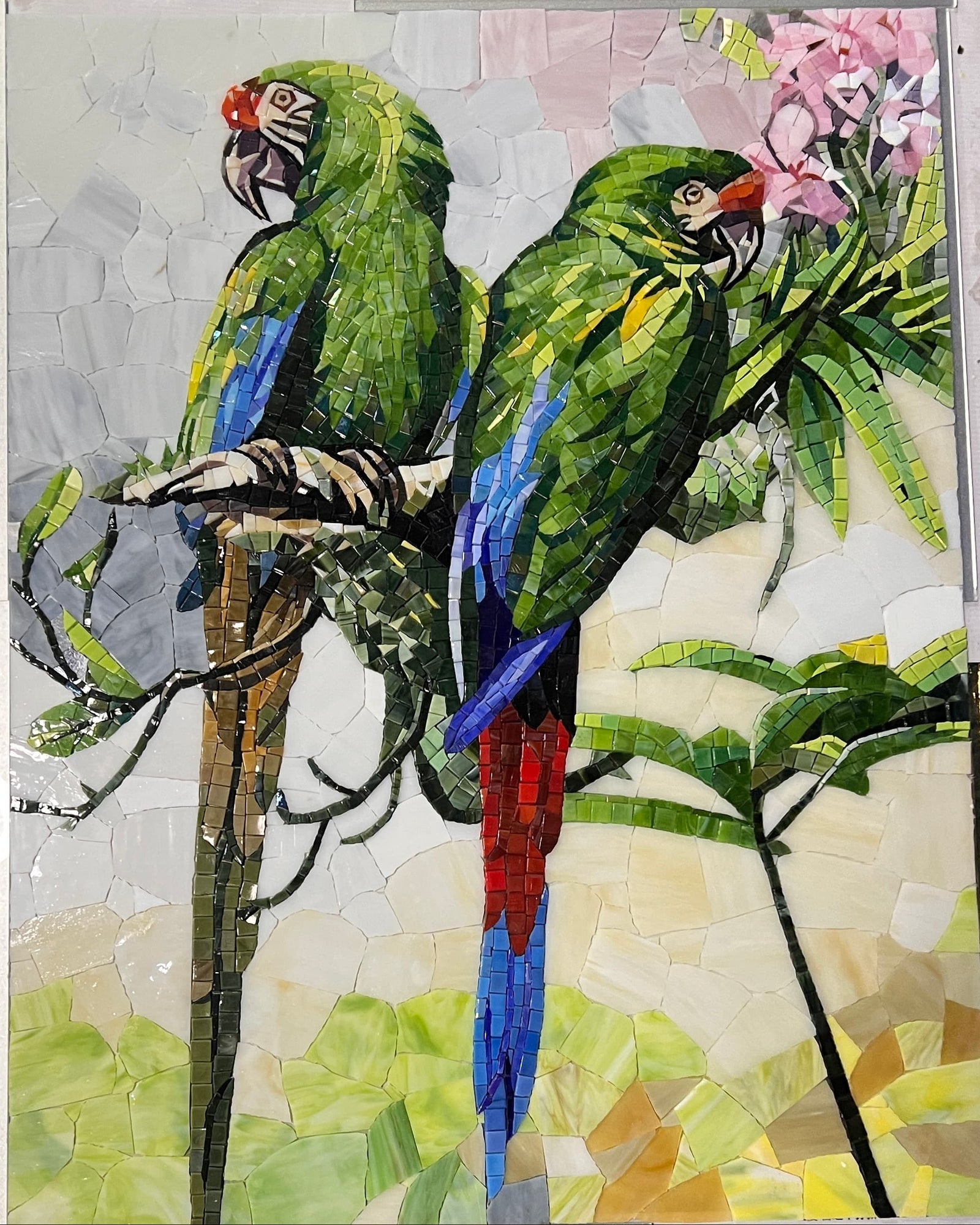 Twin Parrots Glass Mosaic Art – Custom Bird Mosaic Tile with Floral Design for Pool & Wall