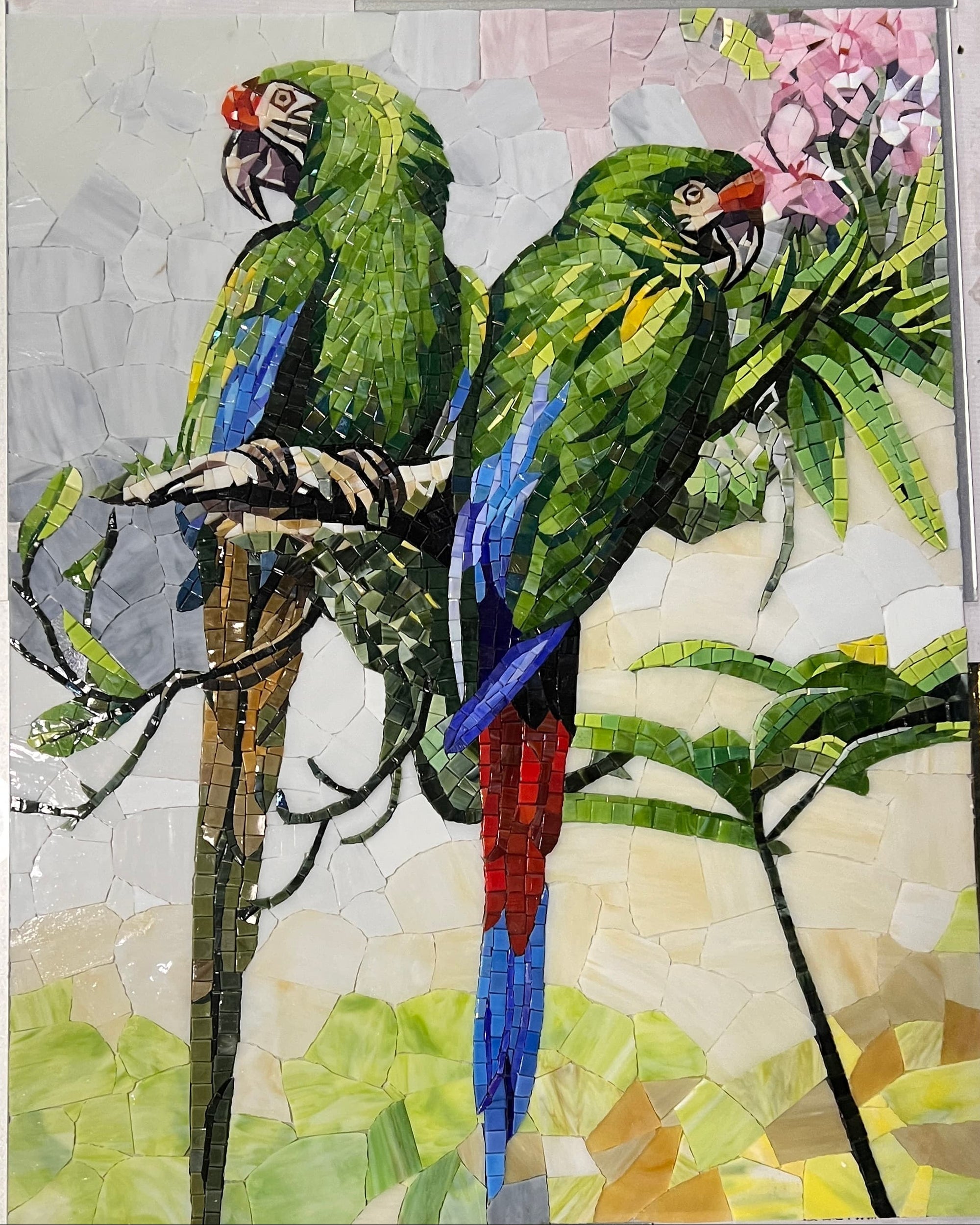 Twin Parrots Glass Mosaic Art – Custom Bird Mosaic Tile with Floral Design for Pool & Wall